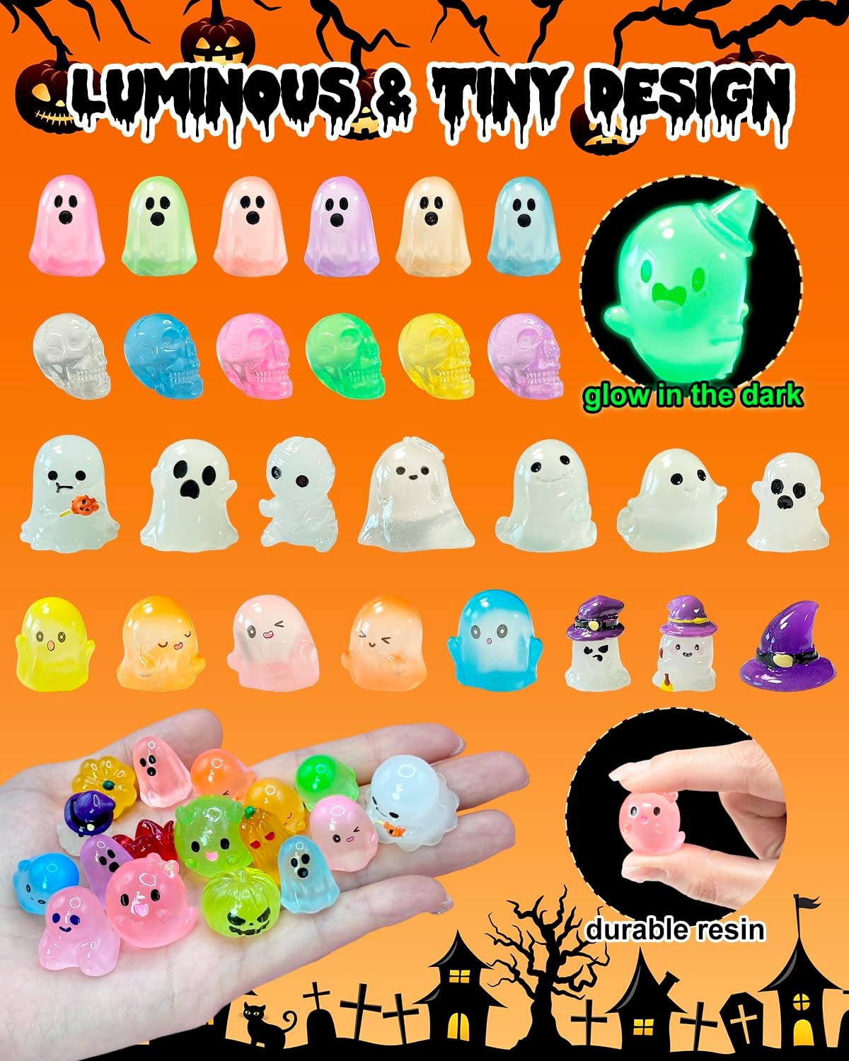 72 Pcs Halloween Mini Resin Animals Figures Kit - Luminous Tiny Resin Figurines Accessories, Glow in The Dark Miniature Ghost Figurines for Halloween Party, Micro Landscape, Tabletop Decor