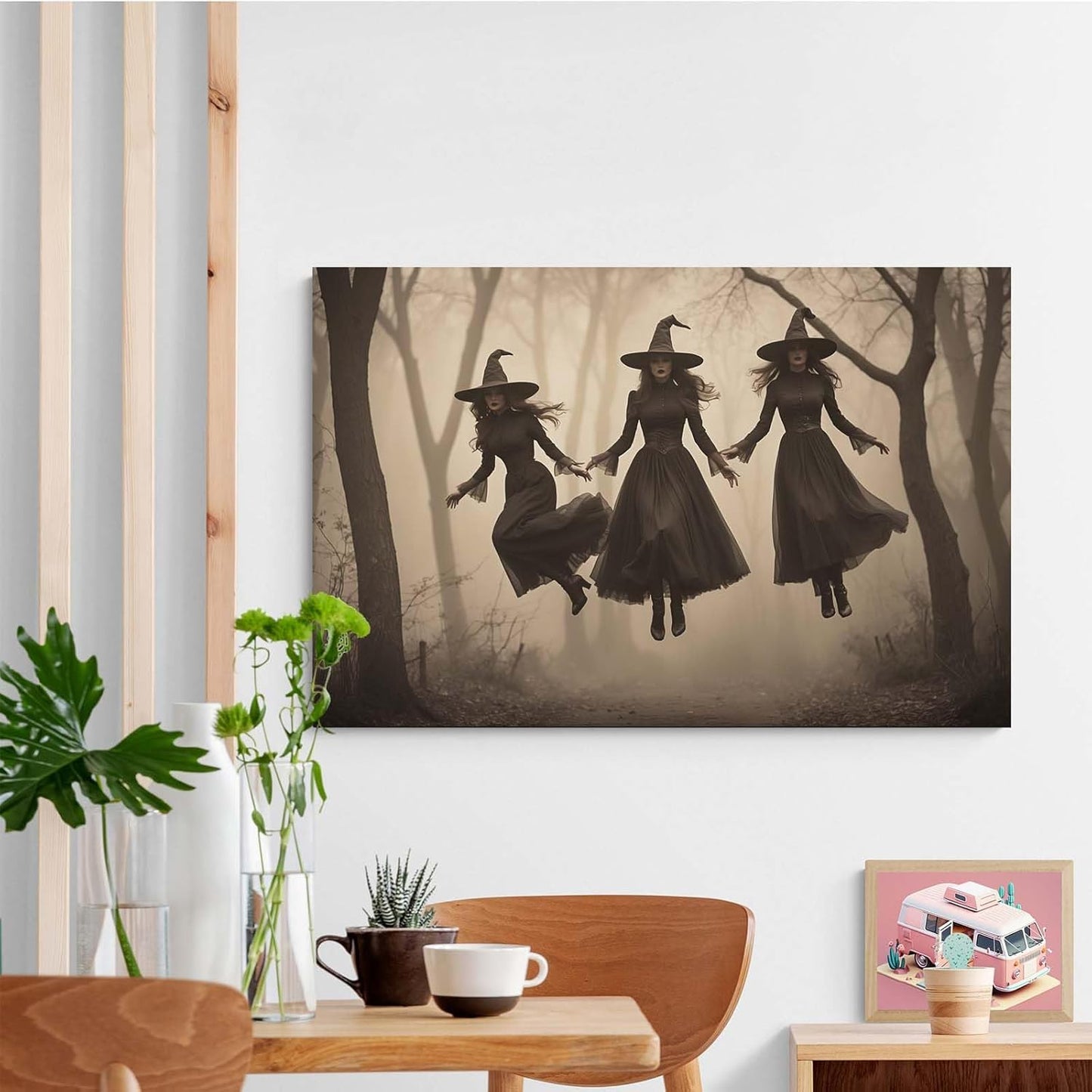 Three ghost witches flying in vintage forest gothic wall art witchcraft decoration holiday gift canvas wall art print16x24in Wood Framed