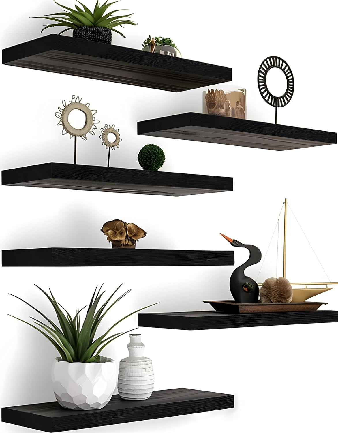 Wood Floating Shelves for Wall Decor, Rustic Wall Shelves for Bedroom Bathroom Kitchen Living Room, Set of 6 Black - Décor Diaries