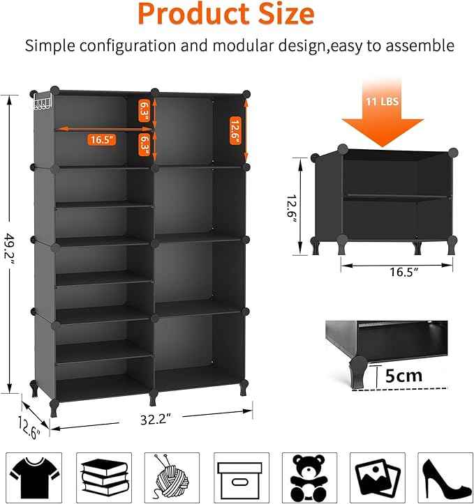 AWTATOS Closet Organizer, 8 Cube Closet Organizers and Storage, Closet Storage Shelves, Clothes Storage Organizers for Closet Bedroom Living Room Office Black