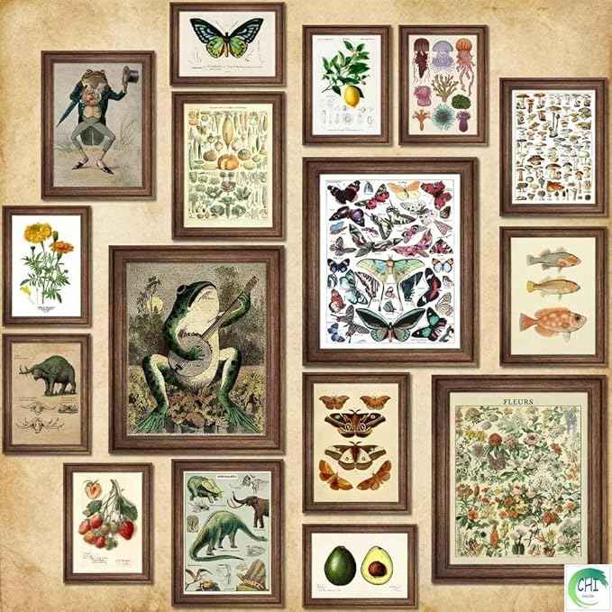 LANCHI95 16 Pcs Vintage Botanical Wall Art Set – Unframed Aesthetic Cottagecore Decor, Antique Frog, Mushroom, Butterfly & Floral Nature Prints - Gallery Wall Kit (3x 8x10", 6x 5x7", 7x 4x6") (UNFRAMED) Animal 2