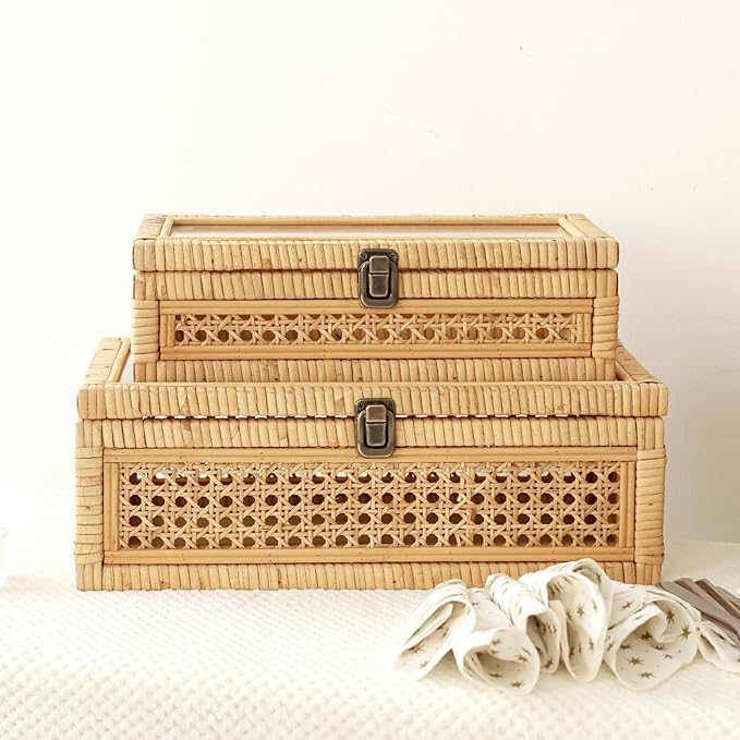 Rattan and Cane Stacking Boxes with Glass Top Lid - Set of 2 for Boho, and Rustic Farmhouse Decor