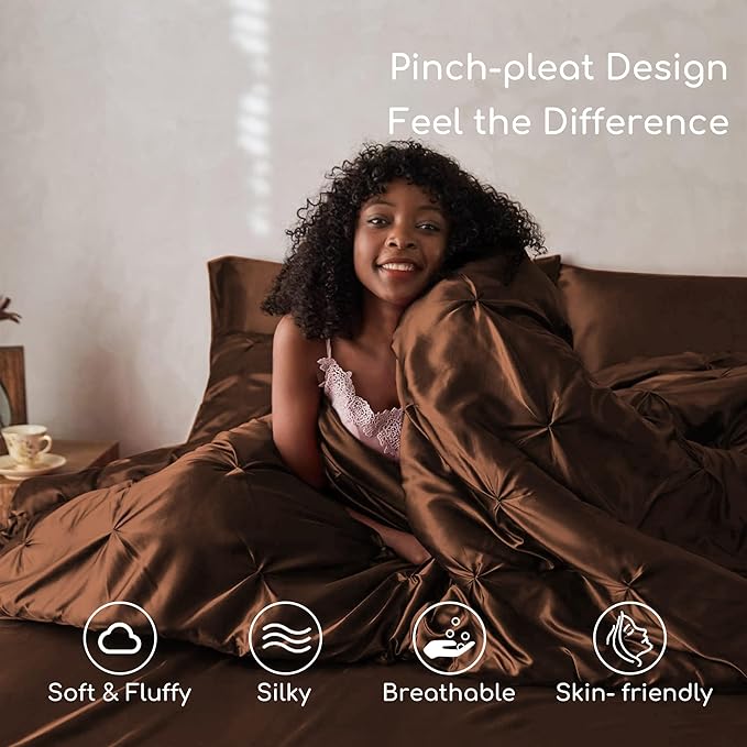MR&HM Satin Comforter Queen 7 Pieces - Luxurious Pinch Pleat Bedding Set with Comforter, Flat Sheet, Fitted Sheet, Pillowcases & Shams, Super Silky Soft Bed Set for All Season (Queen, Brown)