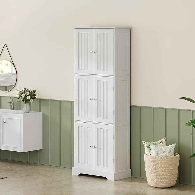 ChooChoo Tall Bathroom Storage Cabinet with 6 Doors, Freestanding Floor Cabinet with Adjustable Shelves, White Pantry Cabinet for Bathroom, Kitchen, Laundry Room
