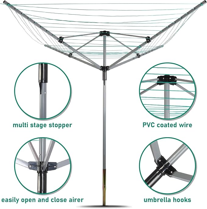 Umbrella Clothesline Outdoor,165 Feet Heavy Duty Outdoor Clothesline for Backyard 12 Lines 4 Arms, Adjustable Height Foldable Retracting Collapsible Clothes Drying Rack for Backyard