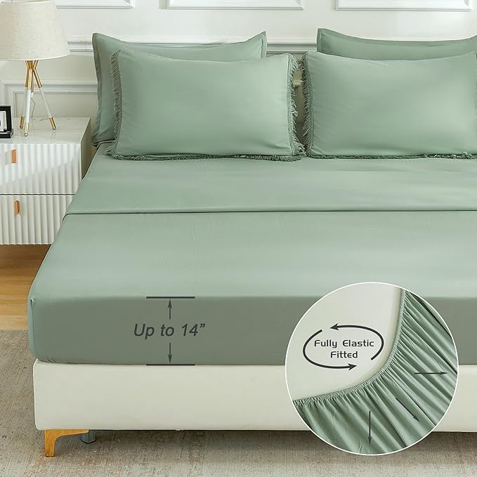Andency Sage Green Comforter Set King Size with Sheets -7 Pieces Boho Tassel Bed in a Bag Soft Lightweight Bedding Sets, All Season Fringe Bed Set with Comforter, Sheets, Pillowcases & Shams