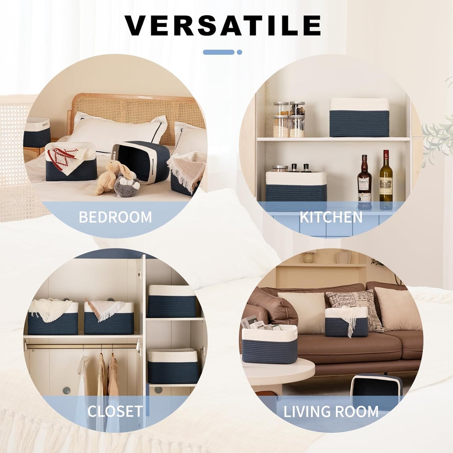 4 Pack Storage Baskets for Organizing, Woven Baskets for Shelves - Perfect for Toys, Books, Towels, and Clothes, Durable Gift Basket Bins Toy Storage, 12.7''L x9''W x7.8''H, Blue and White