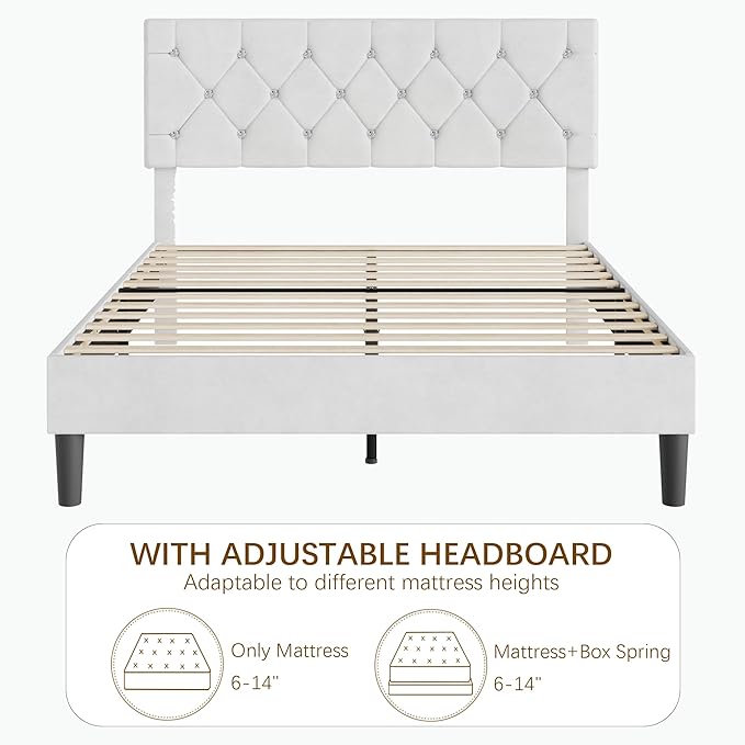VECELO Queen Size Bed Frame with Diamond Tufted Headboard, Upholstered Platform Bedframe with Wood Slat Support, No Box Spring Needed, Velvet & White