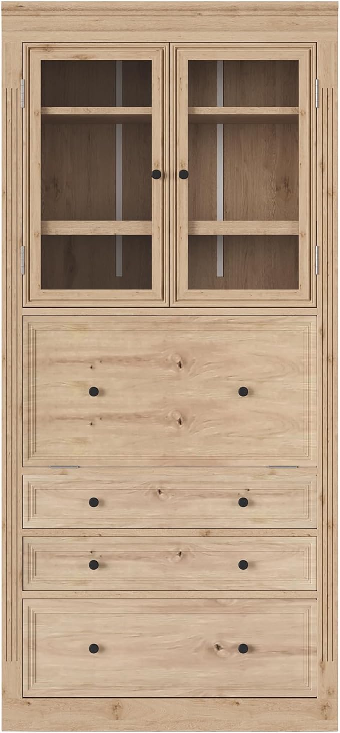Merax 78 Inch Extra-Tall Freestanding Kitchen Pantry Storage Cabinet, Multifunctional Cupboard with 3 Drawers, Adjustable Shelves & Power Outlet Drop-Down Surface for Dining and Living Room, Natural