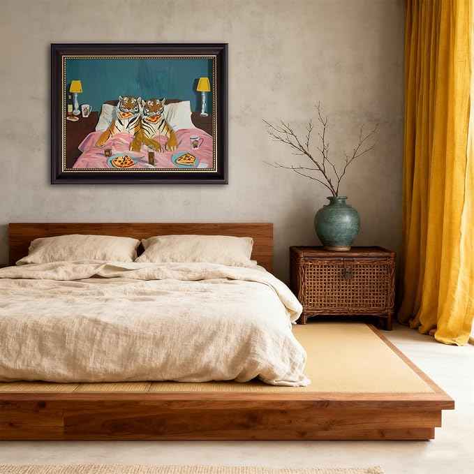 LSXARTQQ Framed Funny Tiger Pizza Wall Art Dark Brown Frame Bedroom Picture Print Vintage Fun Tigers Couple Canvas Wall Decor Maximalist Blue Pink Eclectic Jungle Animal Paintings(16x24inch)