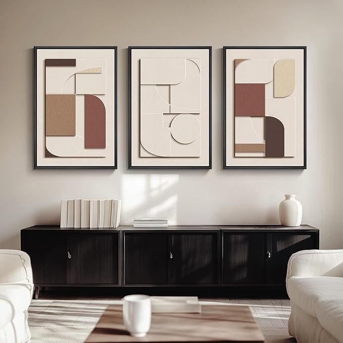 Framed Large 3D Textured Wall Art for Living Room, Brown and Tan Geometric Texture Artwork for Walls, 3 Piece Neutral Modern 3D Sandstone Art Painting for Hallway Office Kitchen Wall Decor, 24x36 Inch
