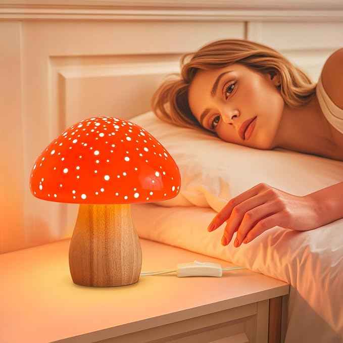 BOHON Mushroom Lamp, Ceramic Bedside Table Lamp for Bedroom Nightstand, Retro Vintage Red Night Light, Small Lamp for Living Room Desk Home Decor Aesthetic, LED Bulb Included, Red