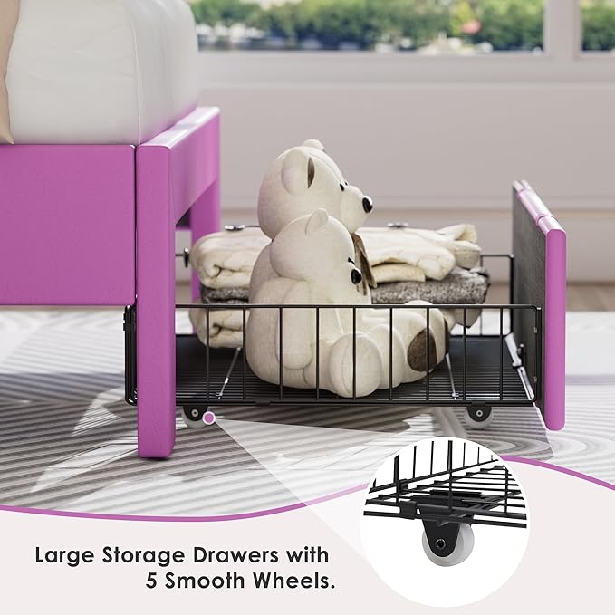 VECELO Twin Size Bed Frame with Storage Drawers, Leather Upholstered with Diamond Tufted Headboard, Solid Wood Slat Support, No Box Spring Needed, PU & Purple