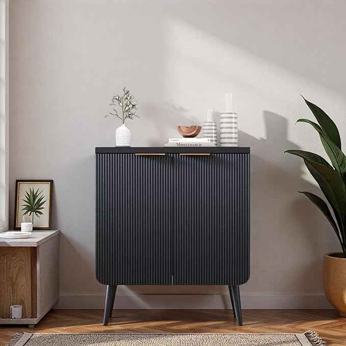 23.6" Modern Fluted Sideboard Cabinet with 2 Doors, Wood Storage Credenza with Shelves, Multi-Purpose Buffet Cabinet for Entryway, Dining & Living Room, Black
