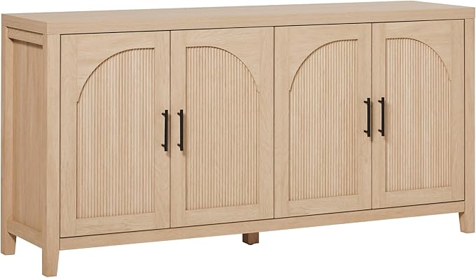 Walker Edison Sasha 4-Door Reeded Sideboard Buffet with Cord Management, 60 Inch, Coastal Oak