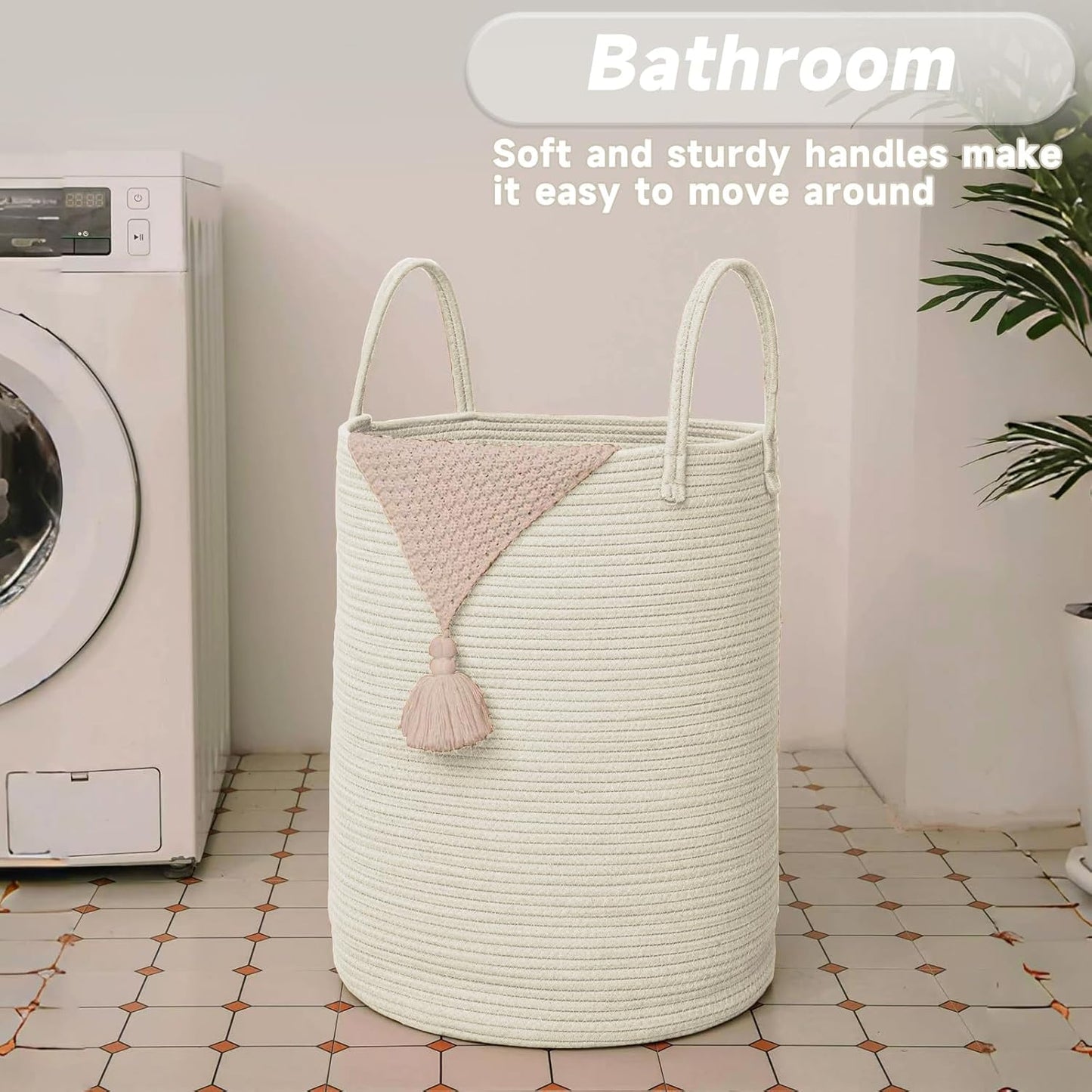 Large Woven Laundry Basket Hamper,100L Cotton Rope Storage Bin for Blankets,Toys and Clothes,Decorative Tall Nursery Hamper for Living Room,Baby Nursery,Bathroom and Bedroom,White