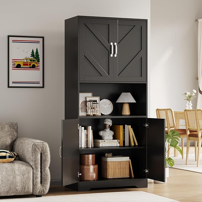 IDEALHOUSE 70" Kitchen Pantry Storage Cabinet, Farmhouse Kitchen Hutch Cabinet with 4 Doors & 2 Adjustable Shelves, Freestanding Cupboard with Microwave Stand for Dining Room,Living Room,Black