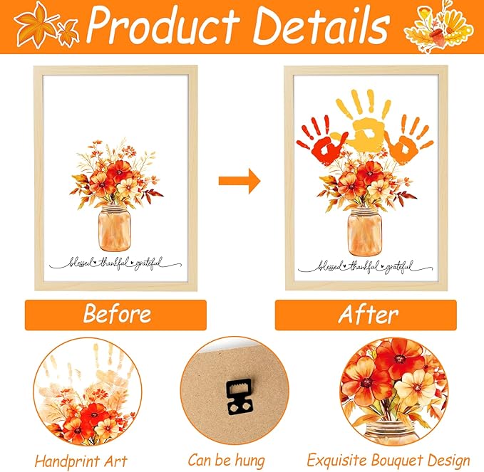 Fall Thanksgiving Flower Bouquet Handprint Art Craft DIY Kit Thanksgiving Day Family Handprint Bouquet in Vase Keepsake with Wood Frame Fall Thankful DIY Gifts for Mom Dad Holiday Birthday 12x16 Inch