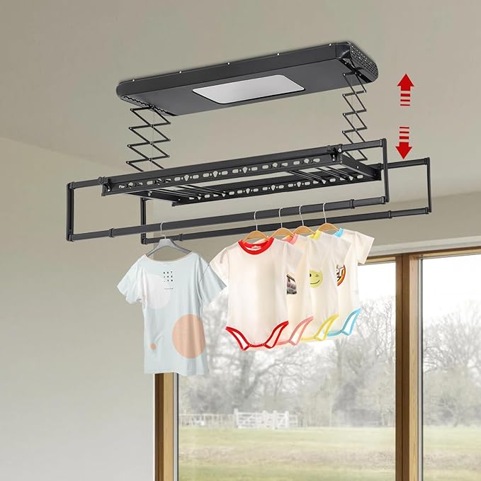 Electric Retractable Airing Rack Black, Ceiling Clothesline 77lbs Load, Ceiling Mounted Clothes Drying Rack 24W with Remote and Light for Laundry Balcony (Black)