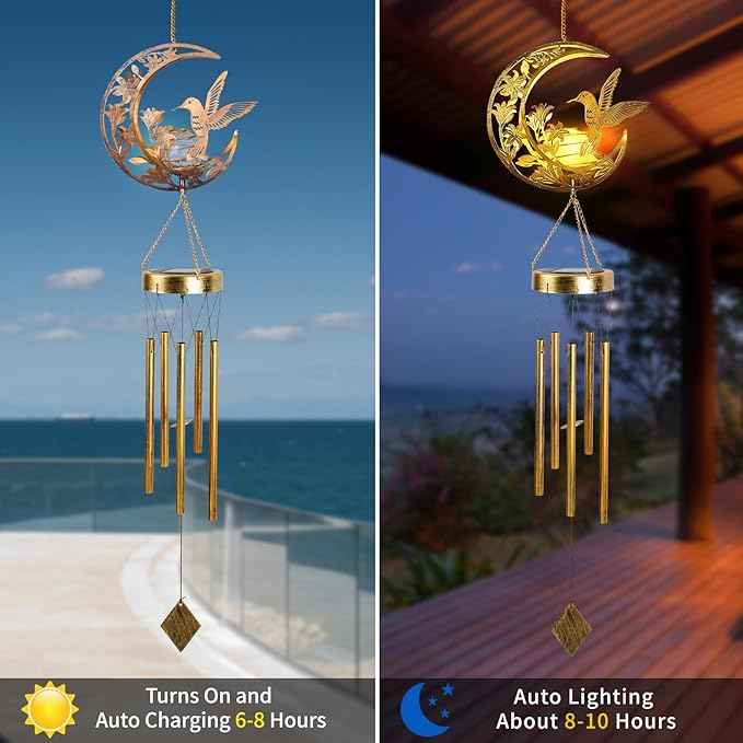 Moon Hummingbird Wind Chime Outdoor, Handcrafted Metal Garden Wind Chimes with Hummingbird Charms, Melodic Wind Bells for Patio Porch Decor, Weatherproof Gift for Nature Lovers & Bird Watchers