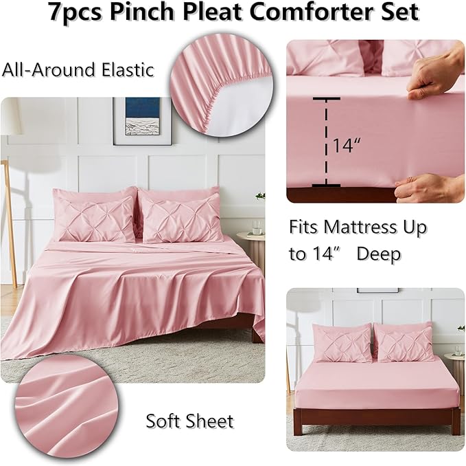 CozyLux Queen Comforter Set Pink, 7 Pieces Pintuck Bed in A Bag, Premium Pink Comforter Queen Size, Pinch Pleat Bedding Sets with Comforter, Sheets, Pillowcases & Shams