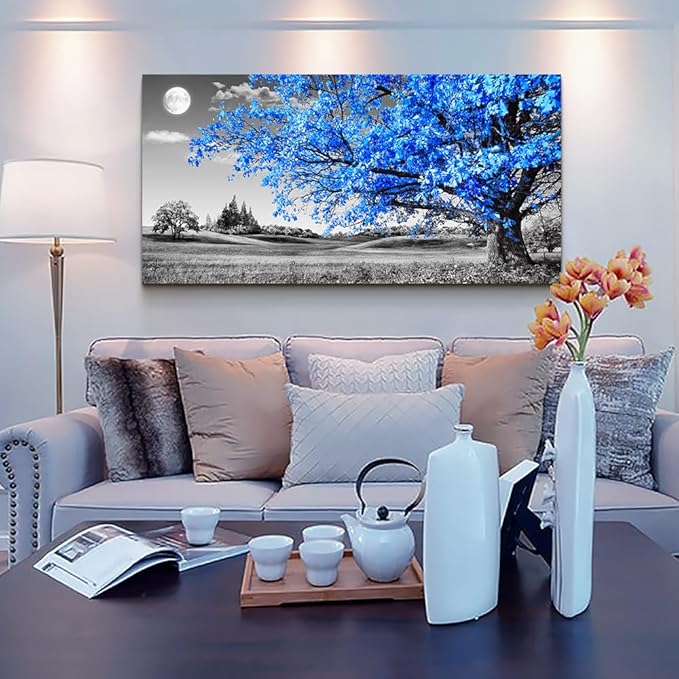 Wapluam Canvas Wall Art For Living Room Modern Wall Decor For Bedroom Black And White Wall Paintings Blue Tree Scenery Pictures Prints Artwork Office Decor Room Aesthetic Home Decor 20" X 40"