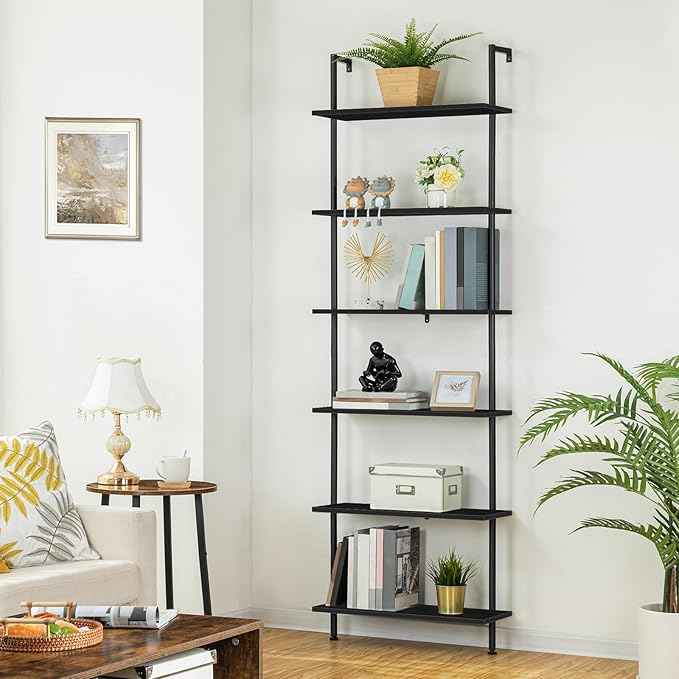 HOOBRO DIY Ladder Shelf, 6-Tier Wall Mounted Bookshelf, Office Vertical Bookcase, Wooden Storage Shelves for Home Office, Bedroom, Black BB65CJ01
