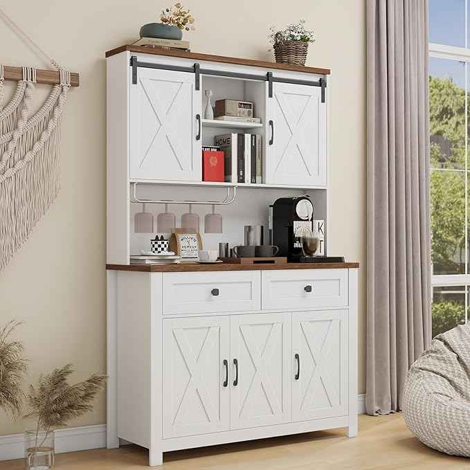 Vabches 67.7 Inch Farmhouse Pantry Storage Cabinet with Sliding Barn Doors, 2 Drawer Farmhouse Coffee Cabinet with Adjustable Shelf, Side Board with Buffet Cupboard for Kitchen, Livingroom, White