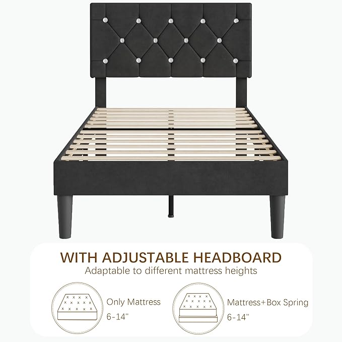 VECELO Twin Size Bed Frame, Upholstered Platform with Adjustable Diamond Tufted Headboard, Wood Slat Support, No Box Spring Needed, Velvet & Black