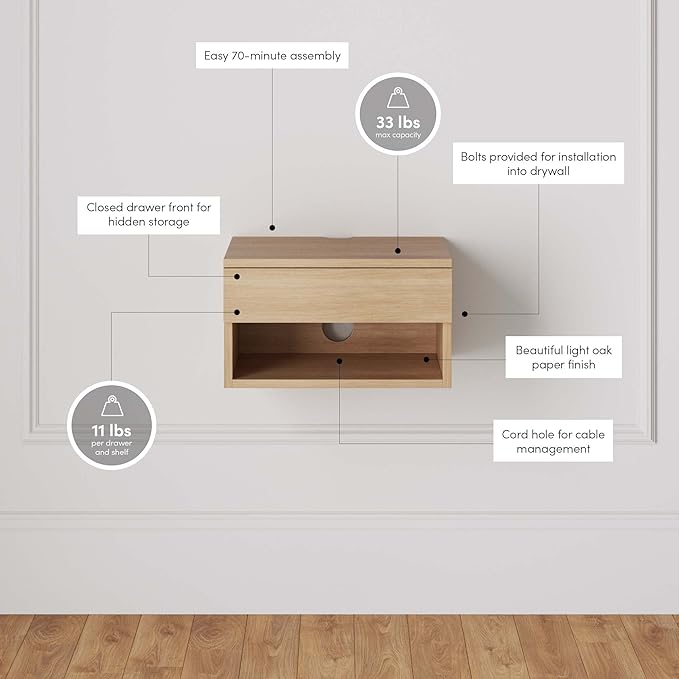 Nathan James Jackson Wall Mounted Floating Bedroom Nightstand with Storage Drawer and Modern Open Shelf Cubby, Light Oak Wood