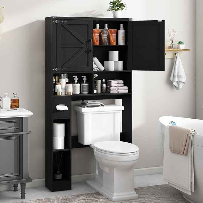 Vabches Over The Toilet Storage Cabinet, Farmhouse Storage Cabinet Over Toilet with 2 Barn Doors && Toilet Paper Holder Stand，Home Space-Saving Toilet Rack, for Laundry, Restroom, Bathroom.Pure Black