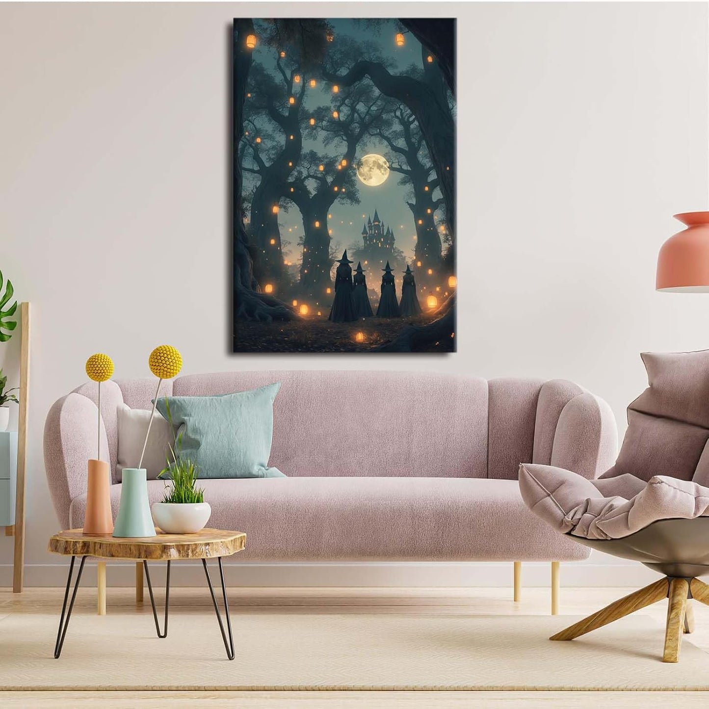 Mysterious creek painting witch and castle in magic forest art print canvas gothic print dark college decoration poster for home bedroom20x30in Wood Framed