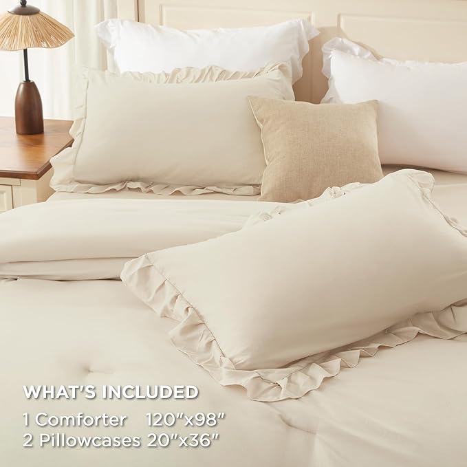 Andency Oversized King Ruffle Comforter Set, 3 Pieces Shabby Chic Farmhouse Bedding Set, Lightweight Soft Comforter Set 120x98 for Girls Women (1 Comforter 2 Pillowcases), Beige