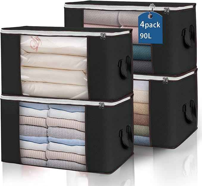 Large Storage Bags, 4 Pack Clothes Storage Bins Foldable Closet Organizers Storage Containers with Durable Handles Thick Fabric for Blanket Comforter Clothing Bedding 90 L (Black)