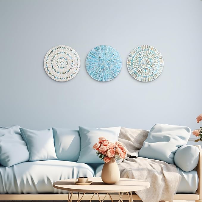 Tioncy 3 Pcs 11.8 Inches Spring Summer Blue Mother of Pearl Shell Plate Coastal Wall Art Mosaic Wall Sculpture Shell Handmade Hanging Plates Arts for Bedroom Bathroom Home Office Hotel