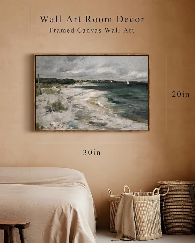 InSimSea Framed Canvas Wall Art Vintage Decor, Large Coastal Wall Art, Seaside Painting Prints, Modern French Country Farmhouse Decorations, Rustic Wall Decor for Living Room Bedroom, 20"x30"