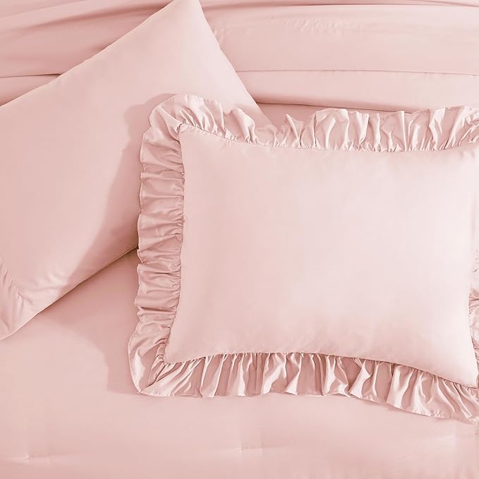 Queen Comforter Set Soft Pink, Ruffle Shabby Chic Bedding Set Farmhouse 7 Pieces, All Season Fluffy Bed in a Bag with Sheets, Pillowcases & Shams
