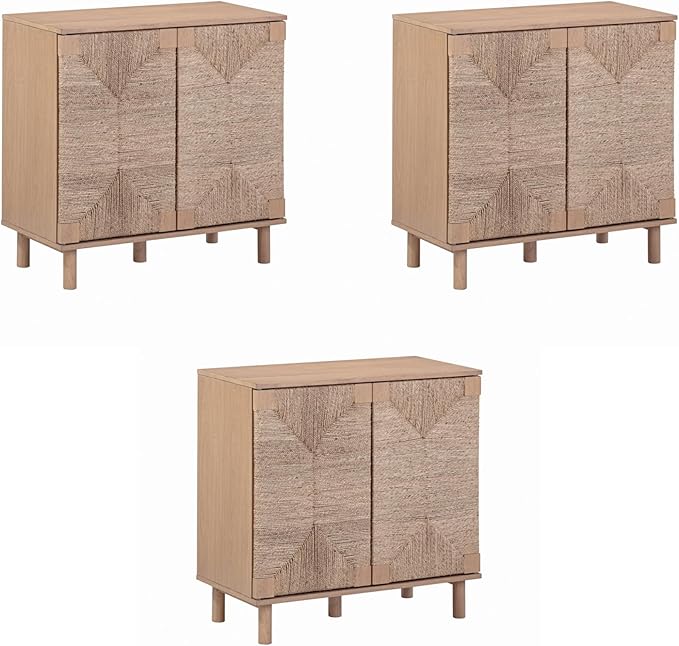 Nathan James Beacon Boho TV Stand, Free Standing Kitchen Cabinet Storage with Adjustable Interior Shelf and Seagrass Accent, Seagrass/Raw Oak, Set of 3