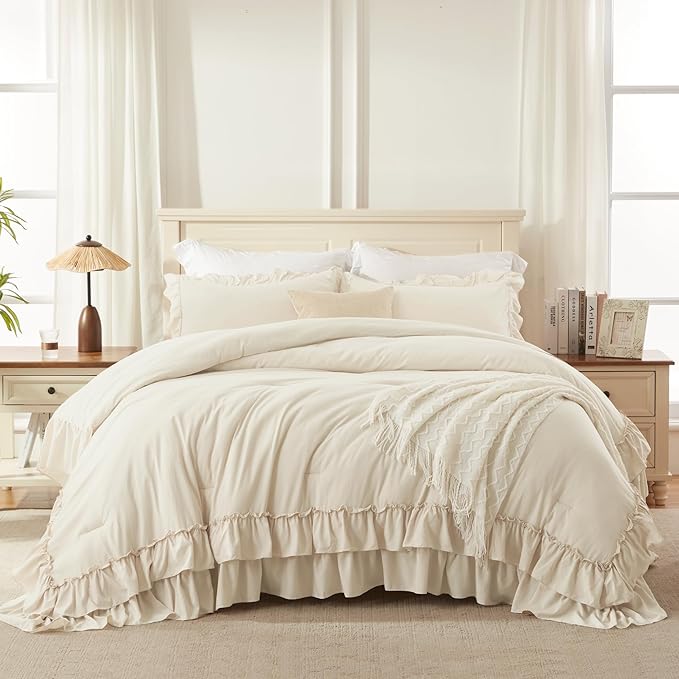 Andency Beige Twin Size Comforter Set, 2 Pieces Boho Lightweight Fluffy Ruffle Bedding Set & Collections, All Season Soft Microfiber Farmhouse Shabby Chic Bed Set for Kids (66x90In Comforter)