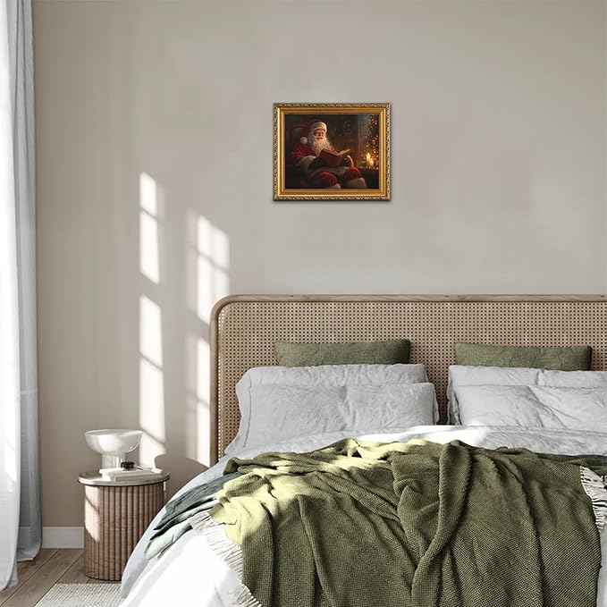 uniro Vintage Gold Framed Wall Art, Vintage Christmas Wall Decor Santa Claus Reading Book Canvas Art Prints Painting, Rustic Winter Holidays Xmas Poster, Farmhouse Christmas Picture Wall Decor for Bedroom, Living Room, Gallery, Winter Room Decor, Holid...