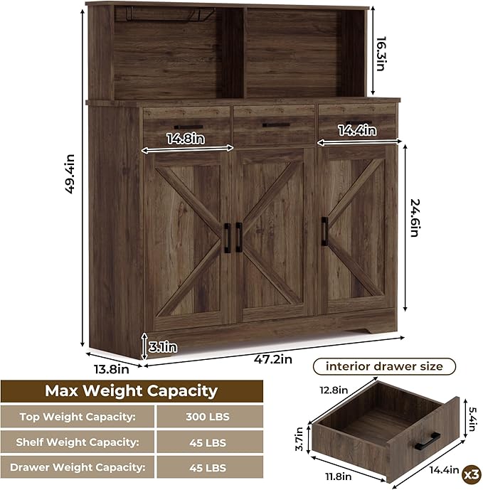 GarveeHome Farmhouse Sideboard Buffet with Microwave Stand, Barn Doors Buffet Storage Cabinet with Drawers and Shelves, Wood Coffee Bar Cabinet for Kitchen, Dining Room, Living Room, Brown