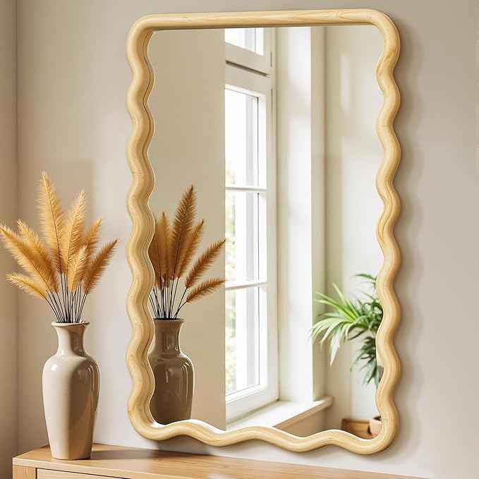 Bathroom Mirror for Wall, 20"x30" Boho Wavy Wood Mirror Large Full Length Decorative Mirror with Tempered Glass, Natural Wooden Frame Vanity Mirror for Bedroom, Living Room, Entryway