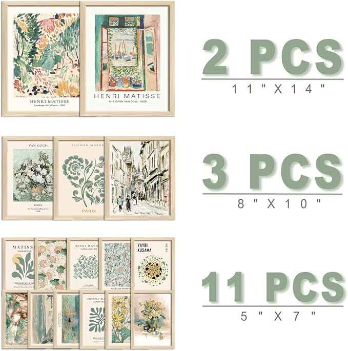 16 PCS Framed Sage Green Wall Art Decor, Matisse Wall Prints for Bedroom, Gallery Wall Frame Set, Abstract Posters for Living Room Aesthetic, Collage Kit Pictures, Boho Dorm Home Decor