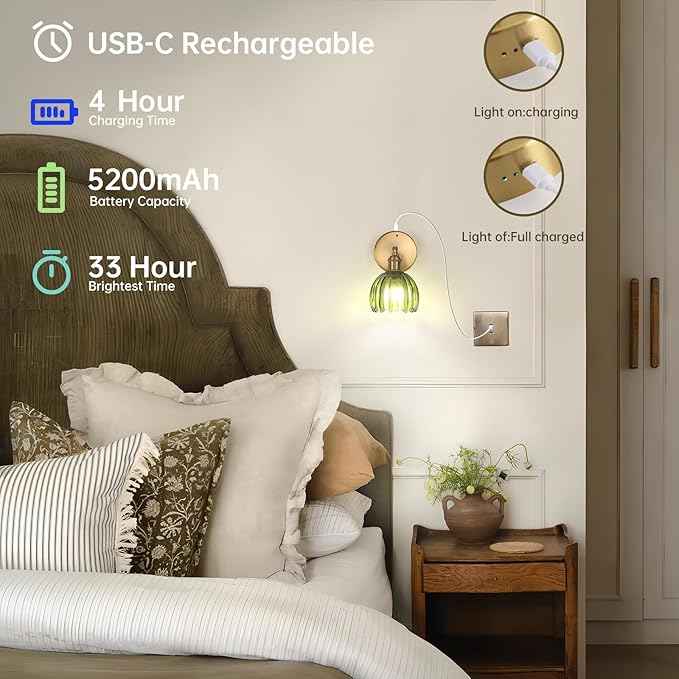 Battery Operated Vintage Wall Sconces with Green Tulip Glass Lampshade Battery Powered Wall Lighting for Bedside Bedroom Doorway, Set of 2