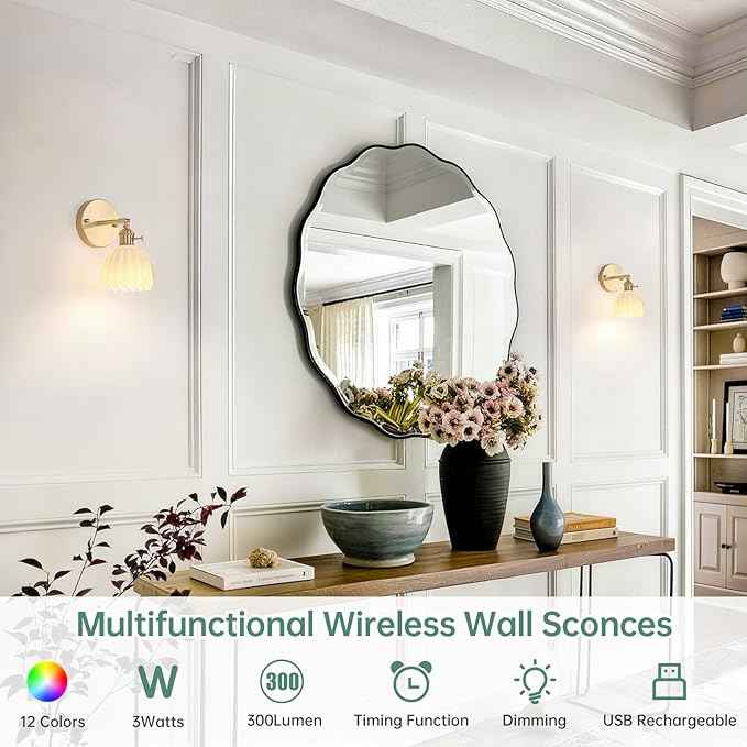 Vintage Battery Operated Wall Sconce with White Tulip Glass Lampshade Rechargeable Battery Powered Wall Light with Remote Control for Bedside Bedroom Doorway, Set of 2