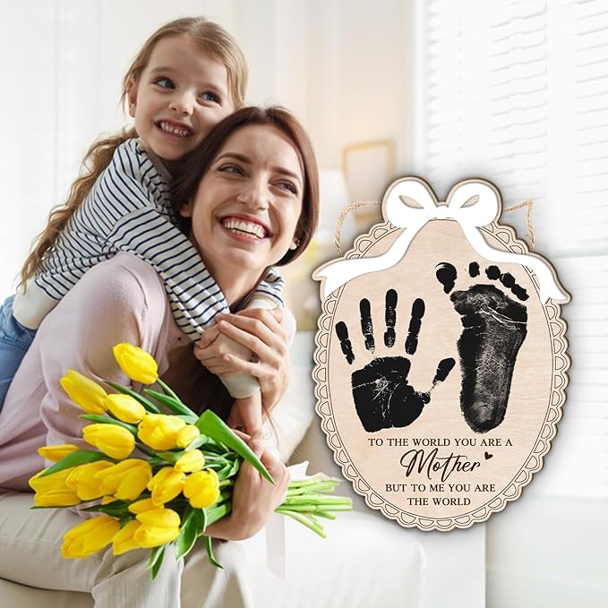 DIY Mothers Day Handprint Craft Wooden Hanging Sign, Baby's First Mothers Day Handprint Keepsake Gift with Bow, 1st New Mom Crafts Birthday Gift from Kids Activity, To The World You Are A Mother - Bow