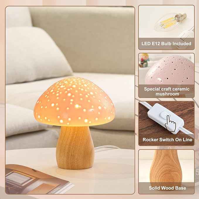 BOHON Mushroom Lamp, Ceramic Bedside Table Lamp for Bedroom Nightstand, Vintage Cute Night Light, Small Lamp for Living Room Kids Desk Home Decor Girls Mother's Day Gifts, LED Bulb Included, Pink