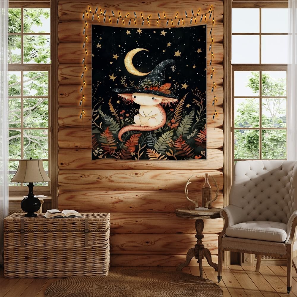 Whimsical Witch Tapestry Wall Hanging Decor Cute Axolotl Tapestry Magical Moon Animal Nursery Decoration Halloween Tapestries wall art for Home Kids Bedroom Living Room 70x90inch