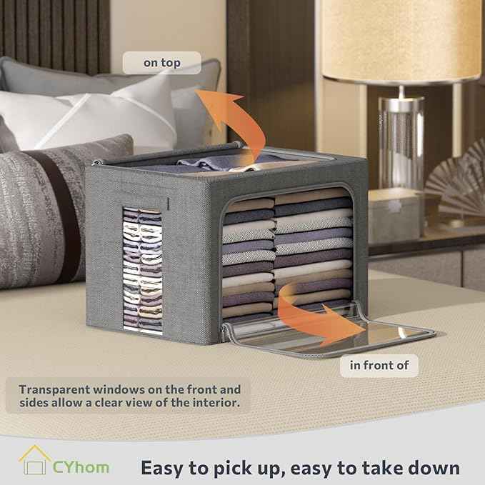 CYhom Clothes Storage Bins Box - Linen Fabric Foldable Stackable Container Organizer Set with Clear Window & Carry Handles & Metal Frame - 2Pack Large Capacity for Bedding, Blankets, Books