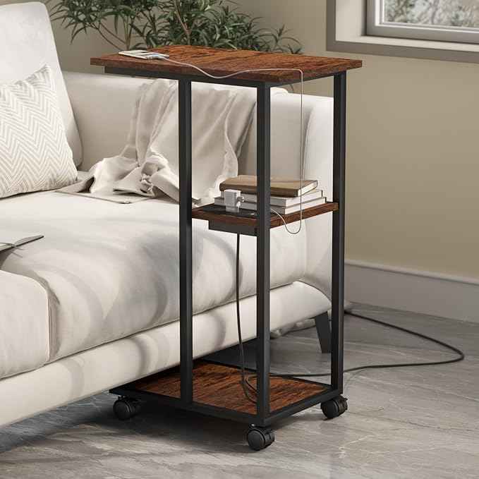 C Shaped End Table - C Table on Wheels - Bedside Table with Wheels, Power Outlet and USB - Sofa Table for Living Room, Bedroom, Small Spaces - 27.2'' High, Brown